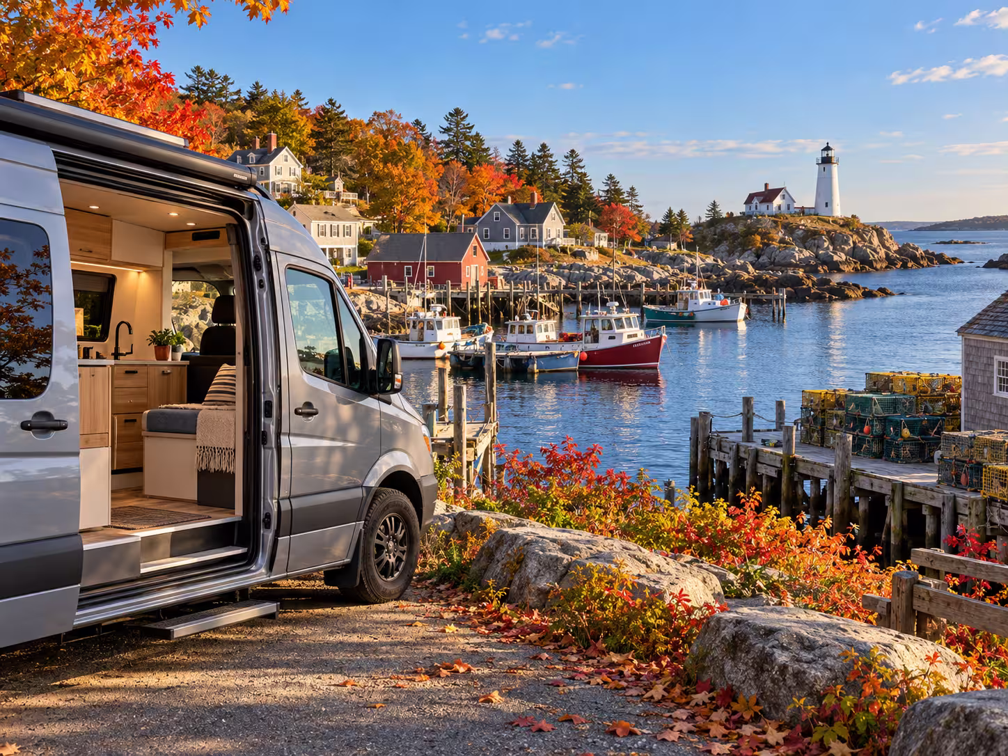 RV parked at a scenic waterfront getaway