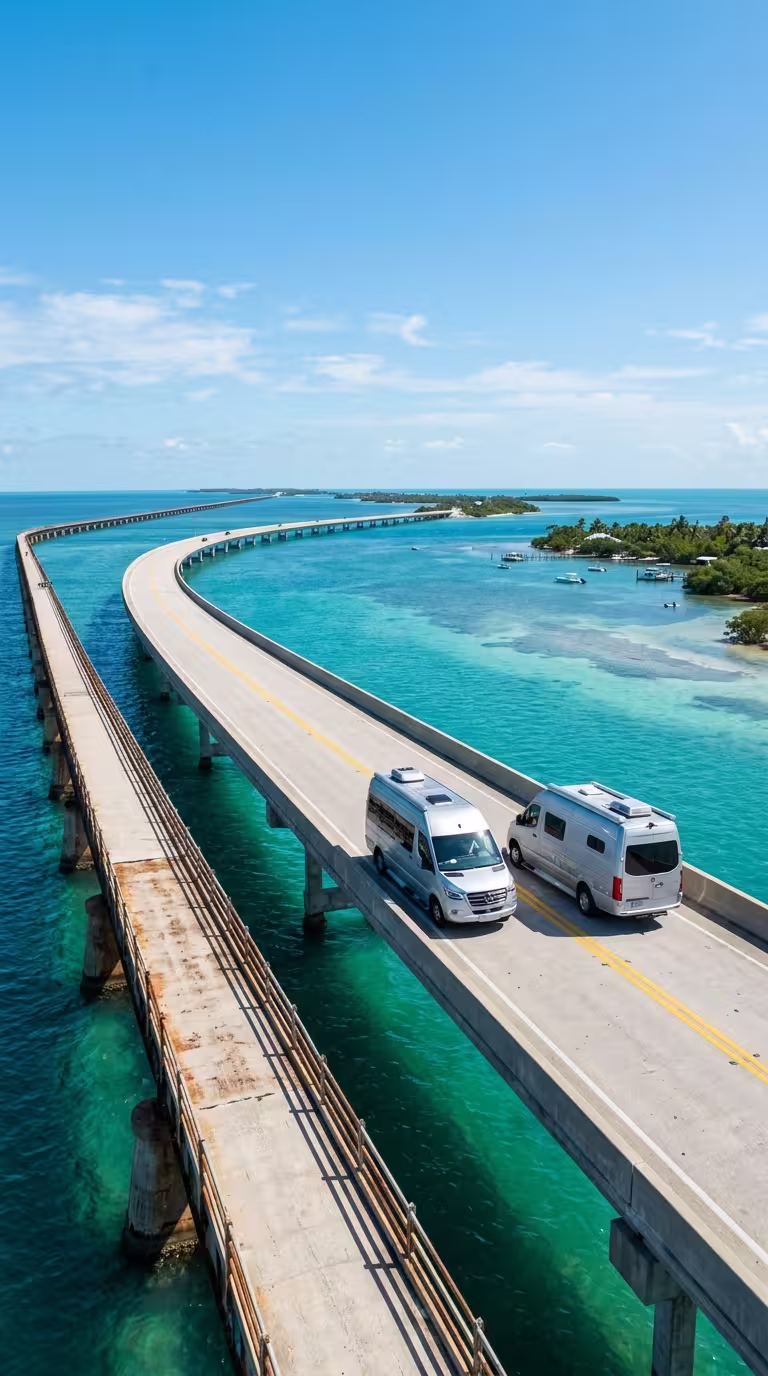 Fleet Manager handing keys to a couple beside a Class C motorhome near a Florida beach boardwalk