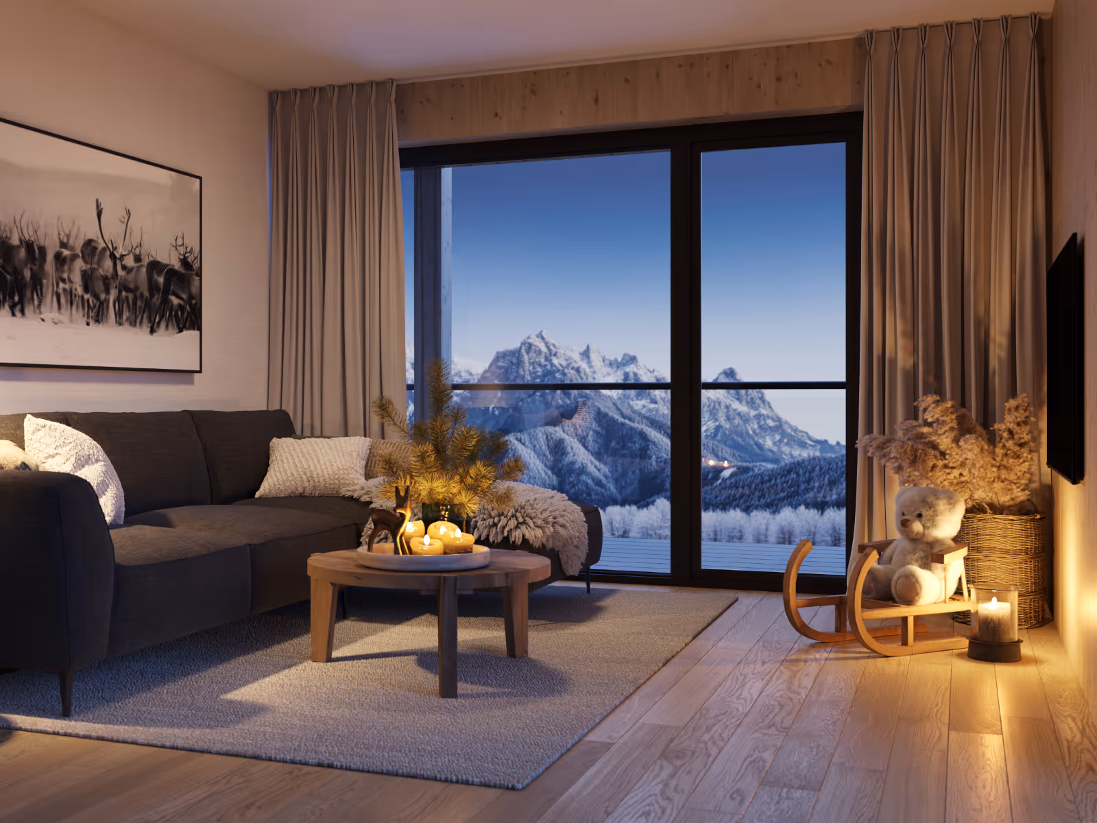 Wohnzimmer mit Blick auf die Alpen