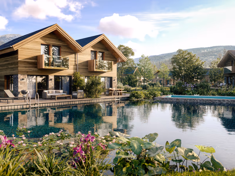 SonnenChalets in Murau mit Blick auf den Naturpool