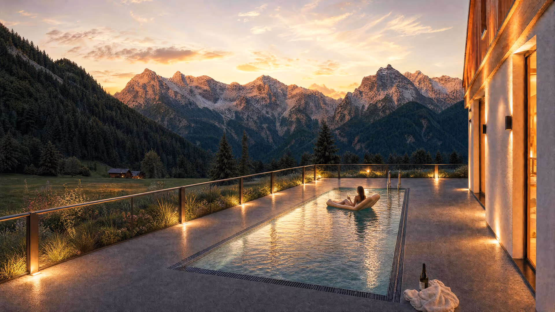 Privater Außenpool mit Alpenpanorama bei Sonnenuntergang – Ferienimmobilie am Bergresort Buchenstein