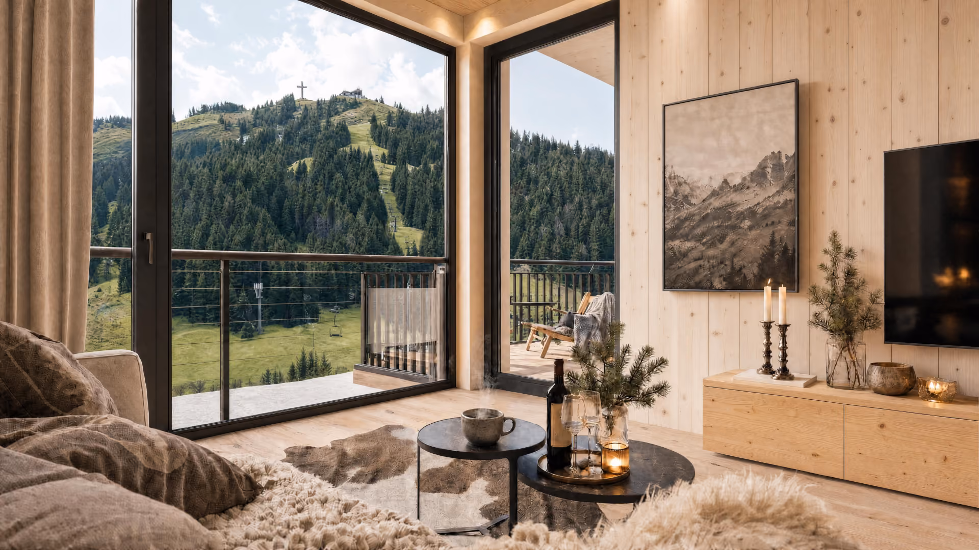 Wohnzimmer einer Ferienimmobile in Buchenstein Österreich gebaut von ALMDORFBAU