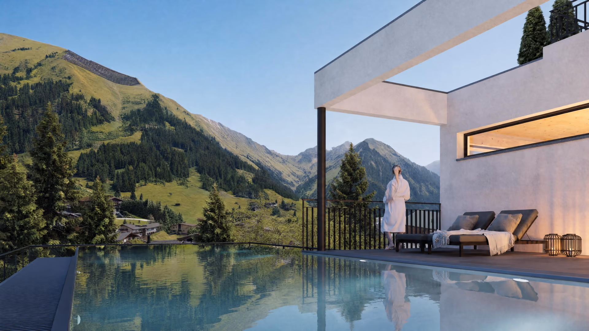 Projekt Berwanger Hof - Frau am privaten Pool blickt auf die Berge