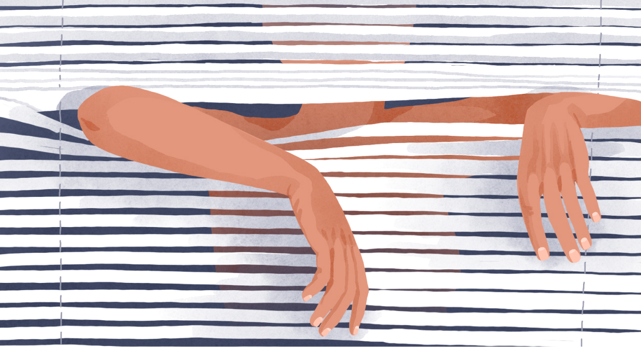 Arms through blinds, cell-shaded editorial illustration