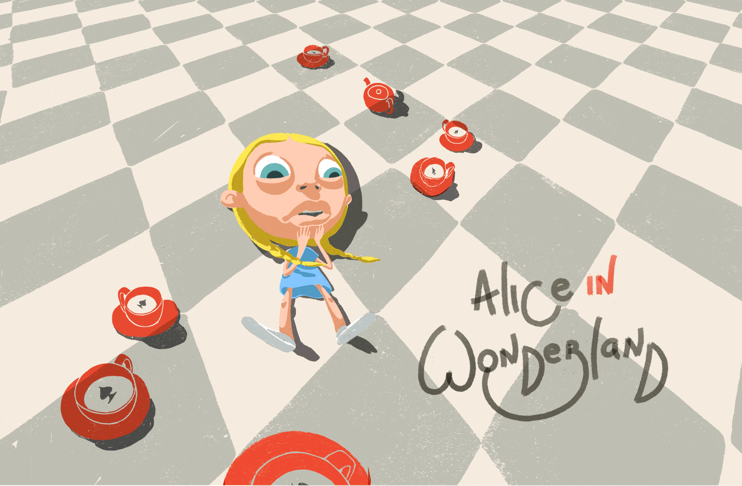 Alice in Wonderland with mushrooms, digital painting editorial illustration