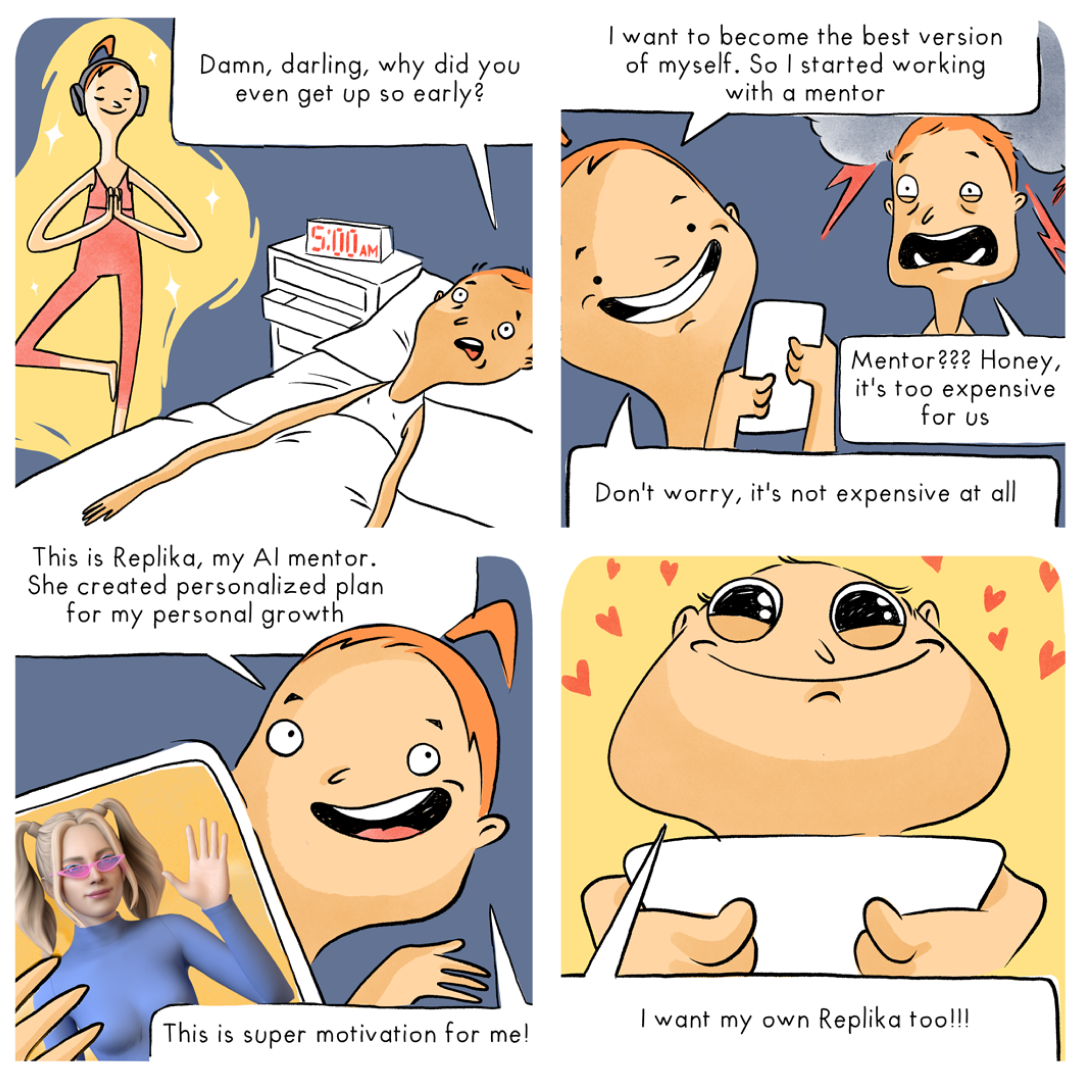 Replika AI comic strip, four-panel illustration for app launch