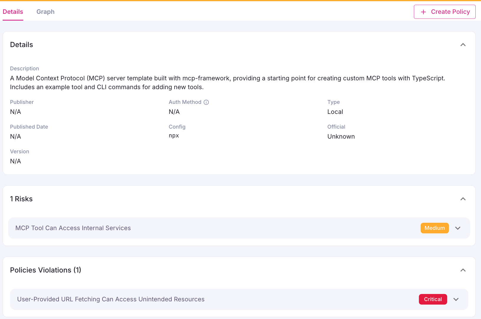 The MCP server’s details show a medium-risk finding for access to internal services and a critical policy violation for user-provided URL fetching that can access unintended resources.
