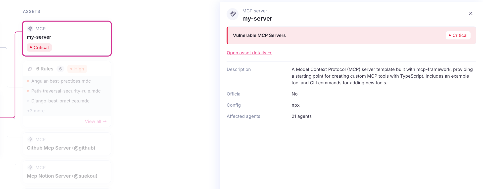 Selecting the “my-server” MCP node reveals a critical “Vulnerable MCP Servers” finding, its npx configuration, and 21 affected agents.
