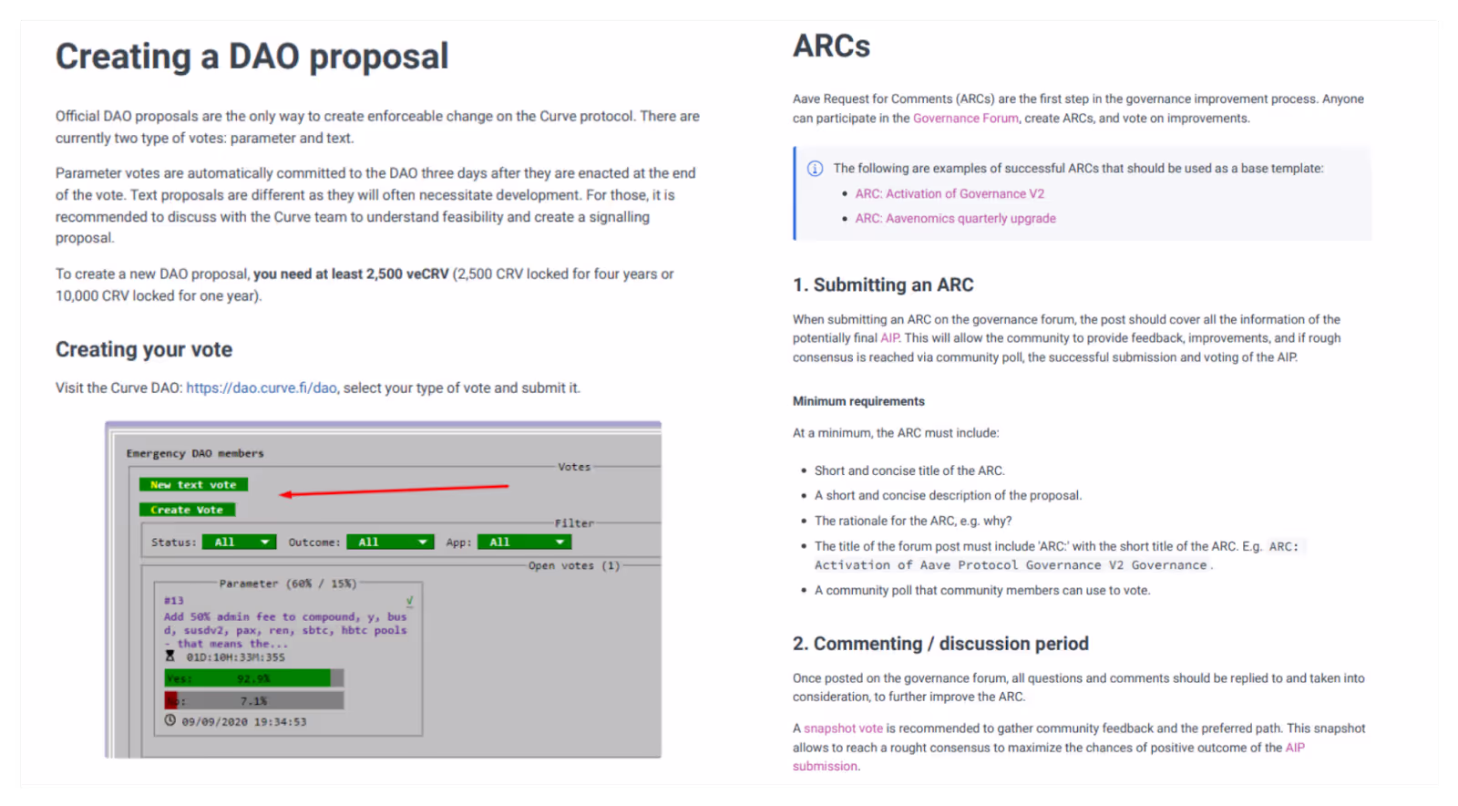 Comment créer une proposition sur Curve (à gauche) et Aave (à droite)