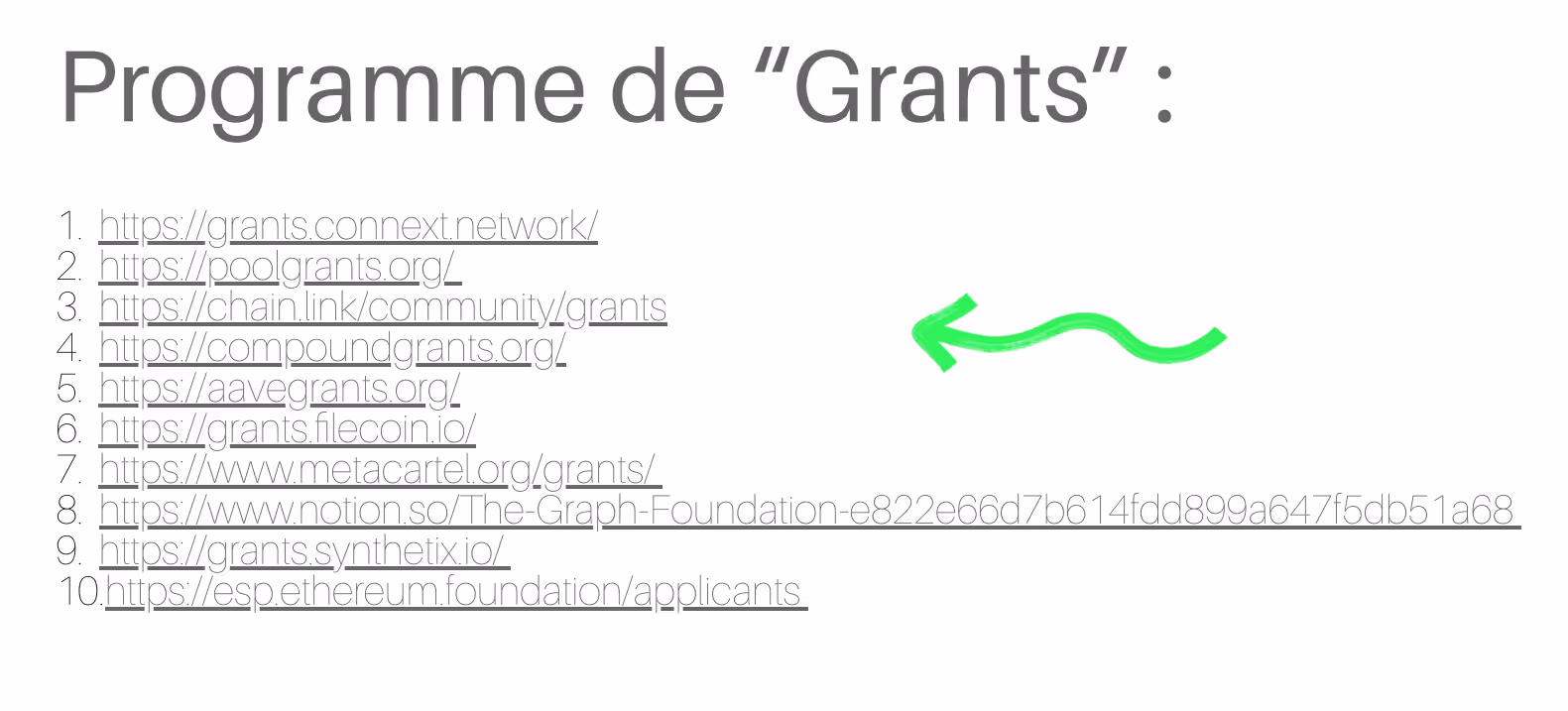 Liste de programmes de grants blockchain incluant Connext, PoolGrants, Chainlink, Compound, Aave, Filecoin, MetaCartel, The Graph, Synthetix et Ethereum Foundation.