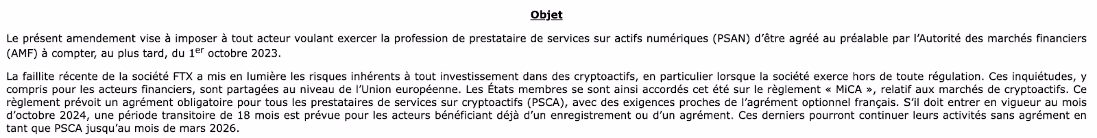 Texte officiel présentant un amendement imposant un agrément AMF obligatoire aux prestataires de services sur actifs numériques (PSAN) à partir du 1er octobre 2023.