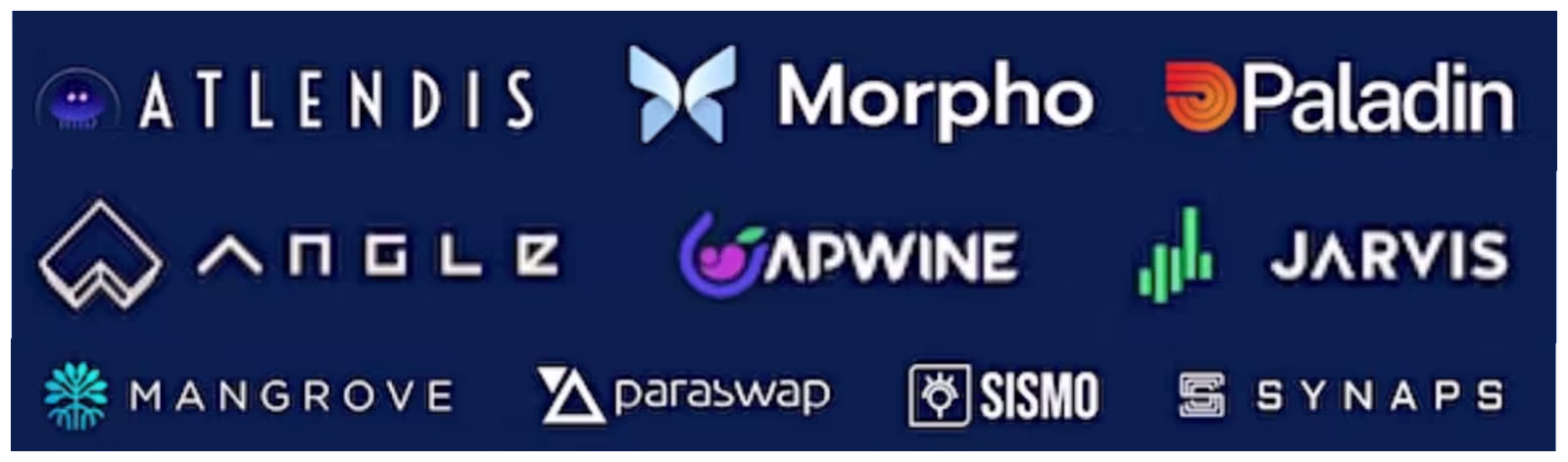 "Logos de projets DeFi français : Atlendis, Morpho, Paladin, Angle, APWine, Jarvis, Mangrove, Paraswap, Sismo et Synaps.