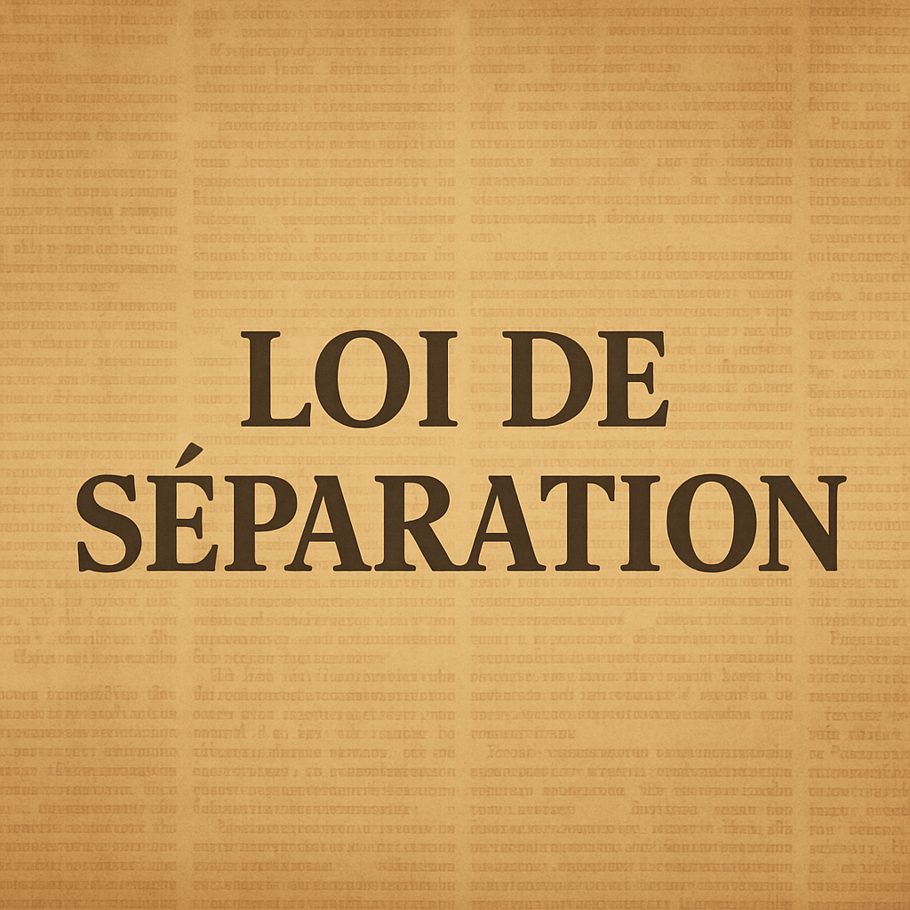 Illustration vintage avec fond texturé couleur parchemin et texte centré “LOI DE SÉPARATION” en lettres capitales sombres, inspirée du style d’un journal ancien.