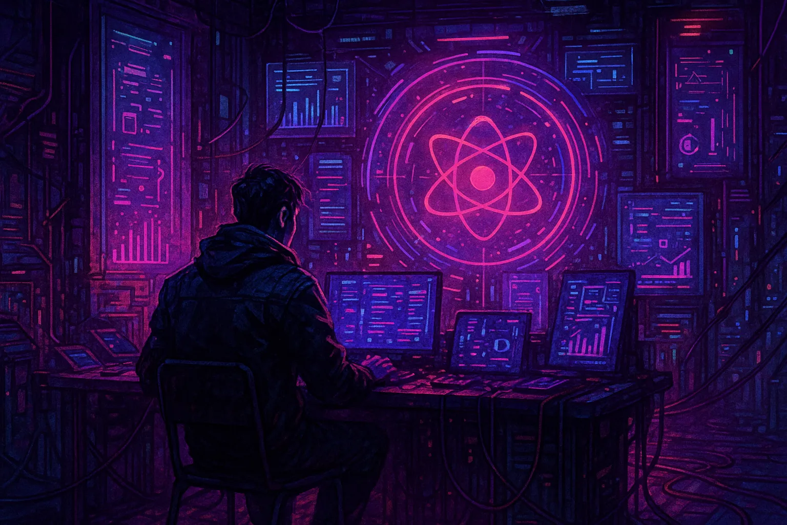 Image cyberpunk illustrant la contribution à une DAO, avec un développeur devant des écrans futuristes dans un univers Web3 et blockchain.