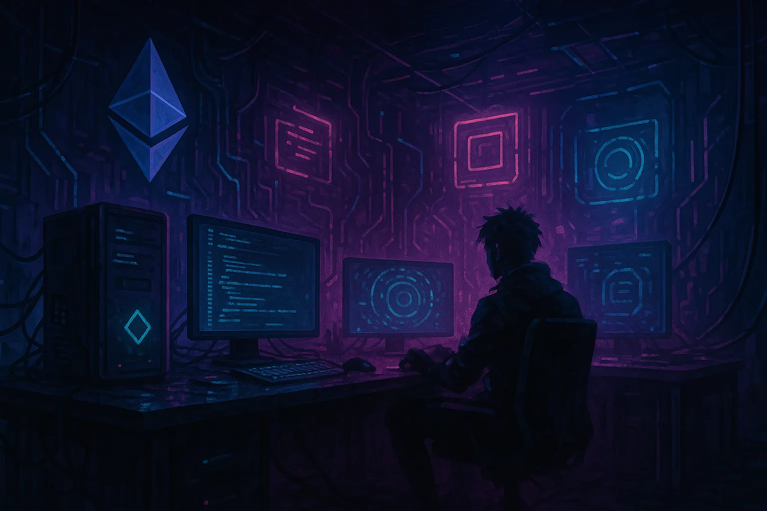 Scène cyberpunk d’un développeur devant plusieurs écrans lumineux dans un univers futuriste Web3.