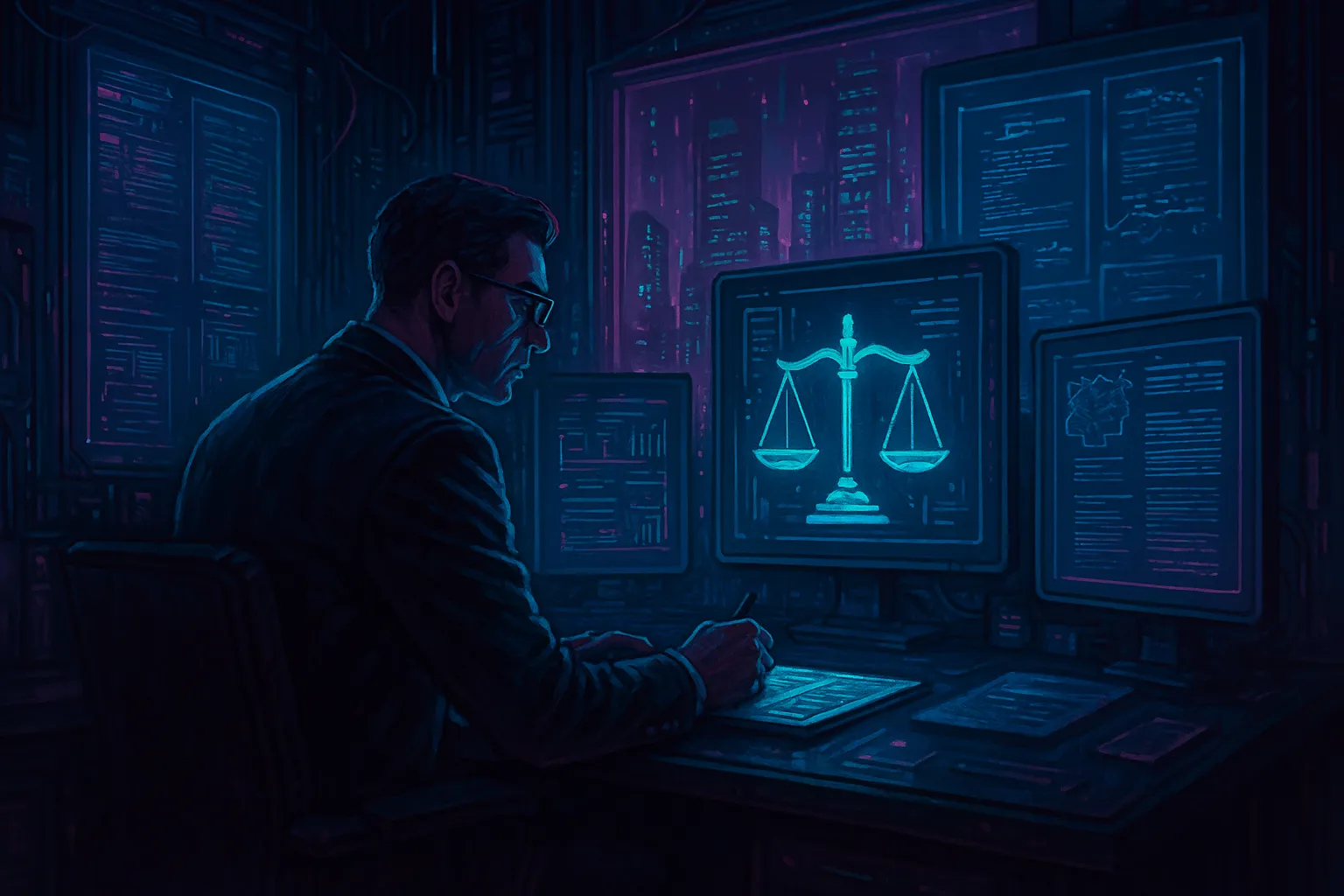 Avocat fiscaliste cyberpunk devant des écrans futuristes