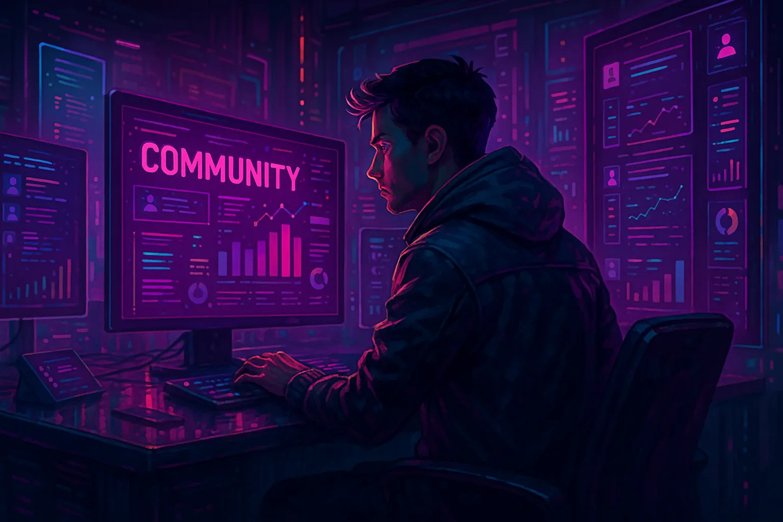 Community manager cyberpunk devant des écrans futuristes