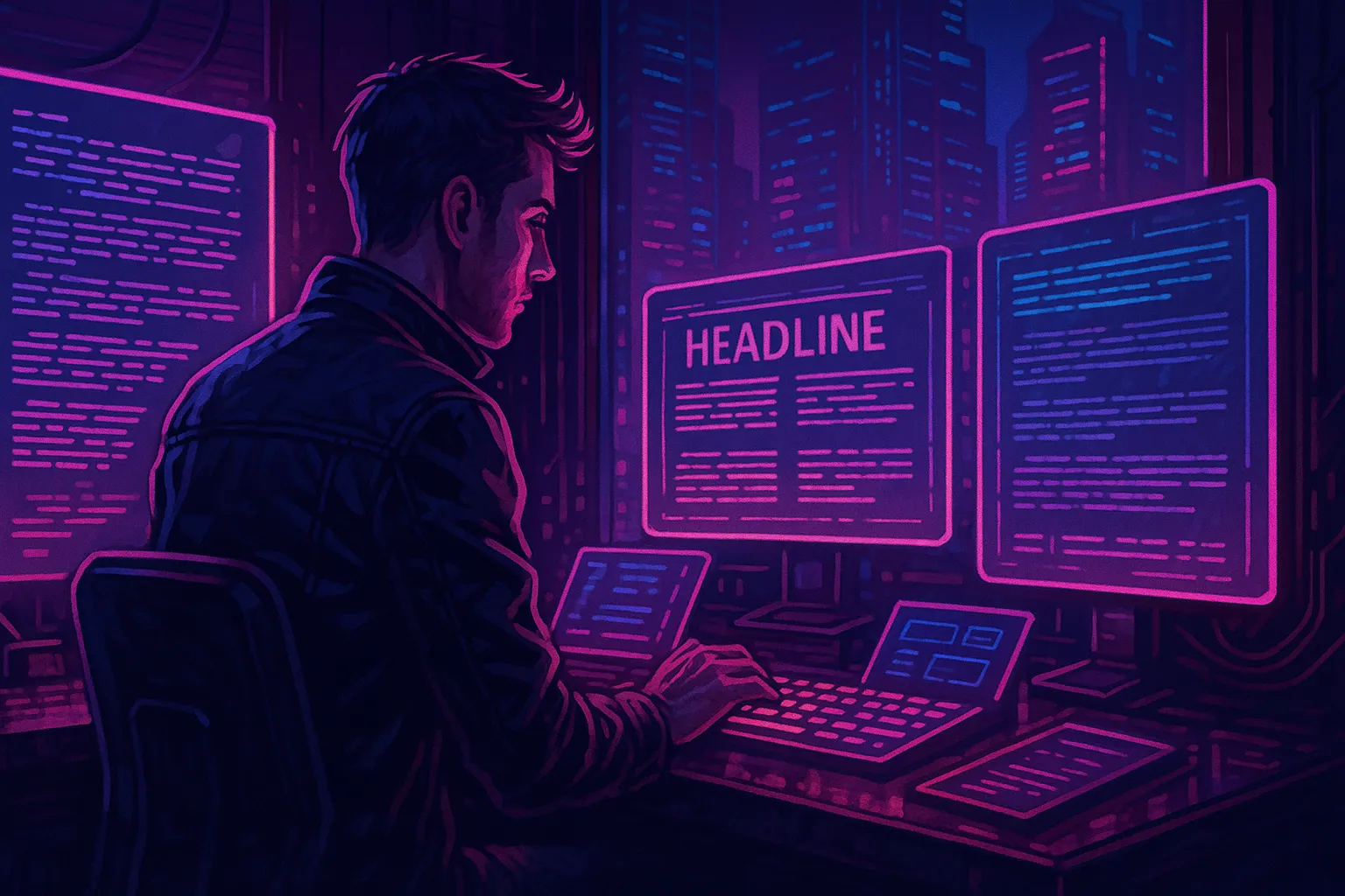 Copywriter cyberpunk écrivant sur des écrans holographiques futuristes