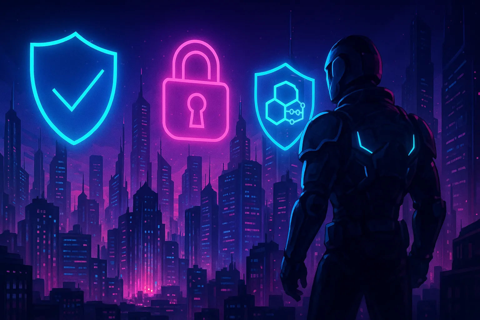 Illustration cyberpunk d’un gardien surveillant des hologrammes de sécurité dans une ville futuriste