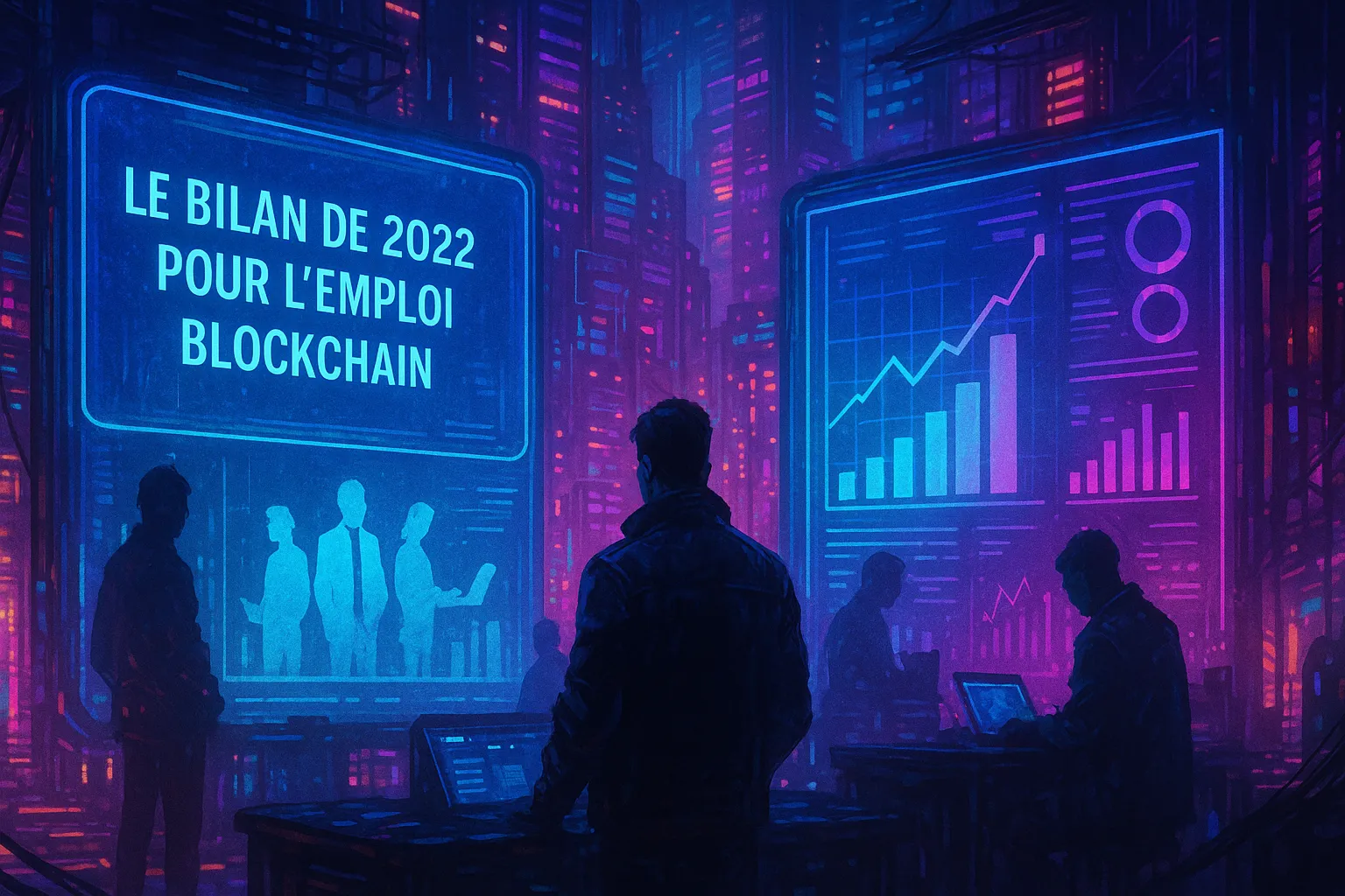 Illustration cyberpunk d’un bilan de l’emploi blockchain en 2022 avec graphiques holographiques futuristes