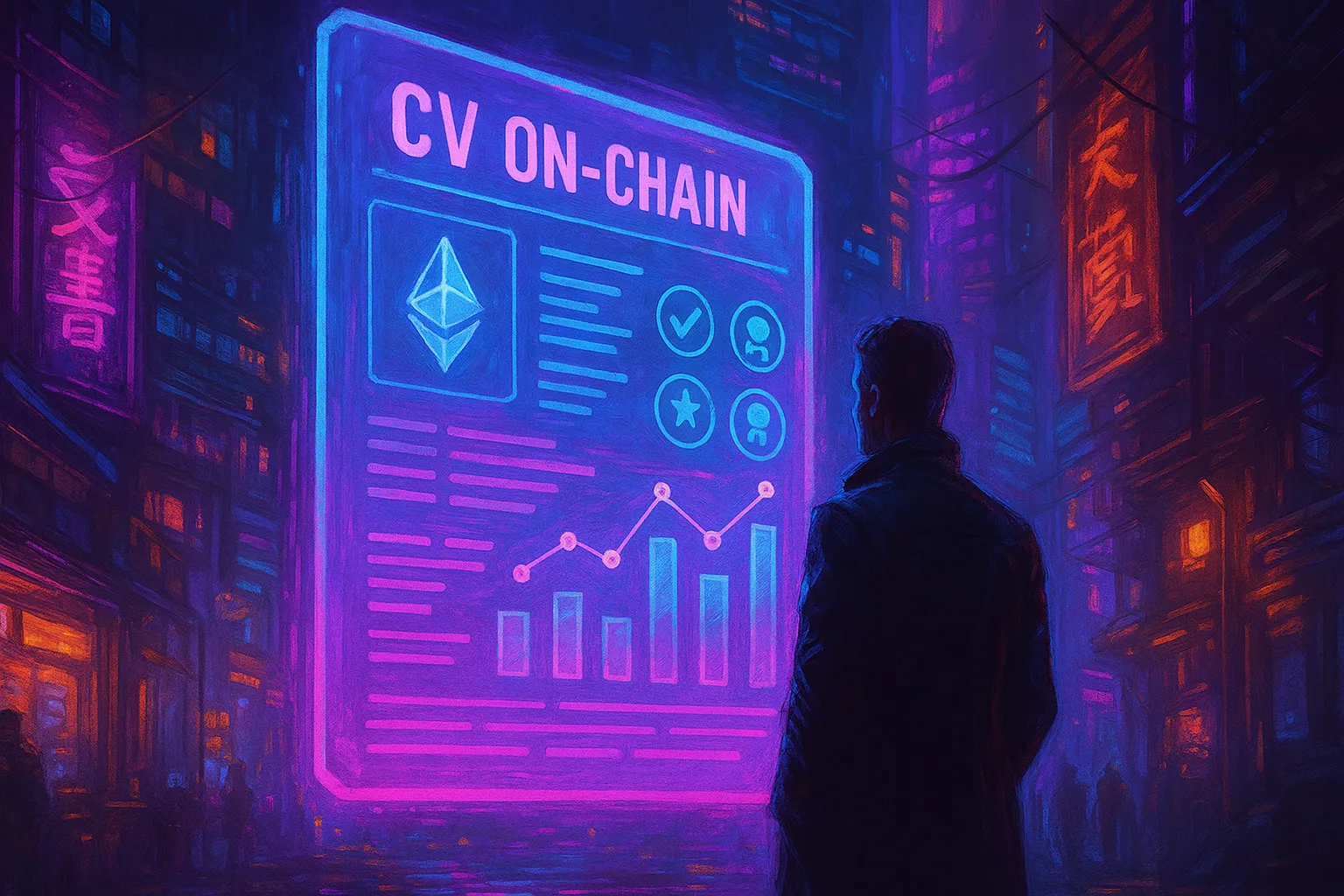 Illustration cyberpunk d’un CV on-chain projeté en hologramme dans une ville futuriste