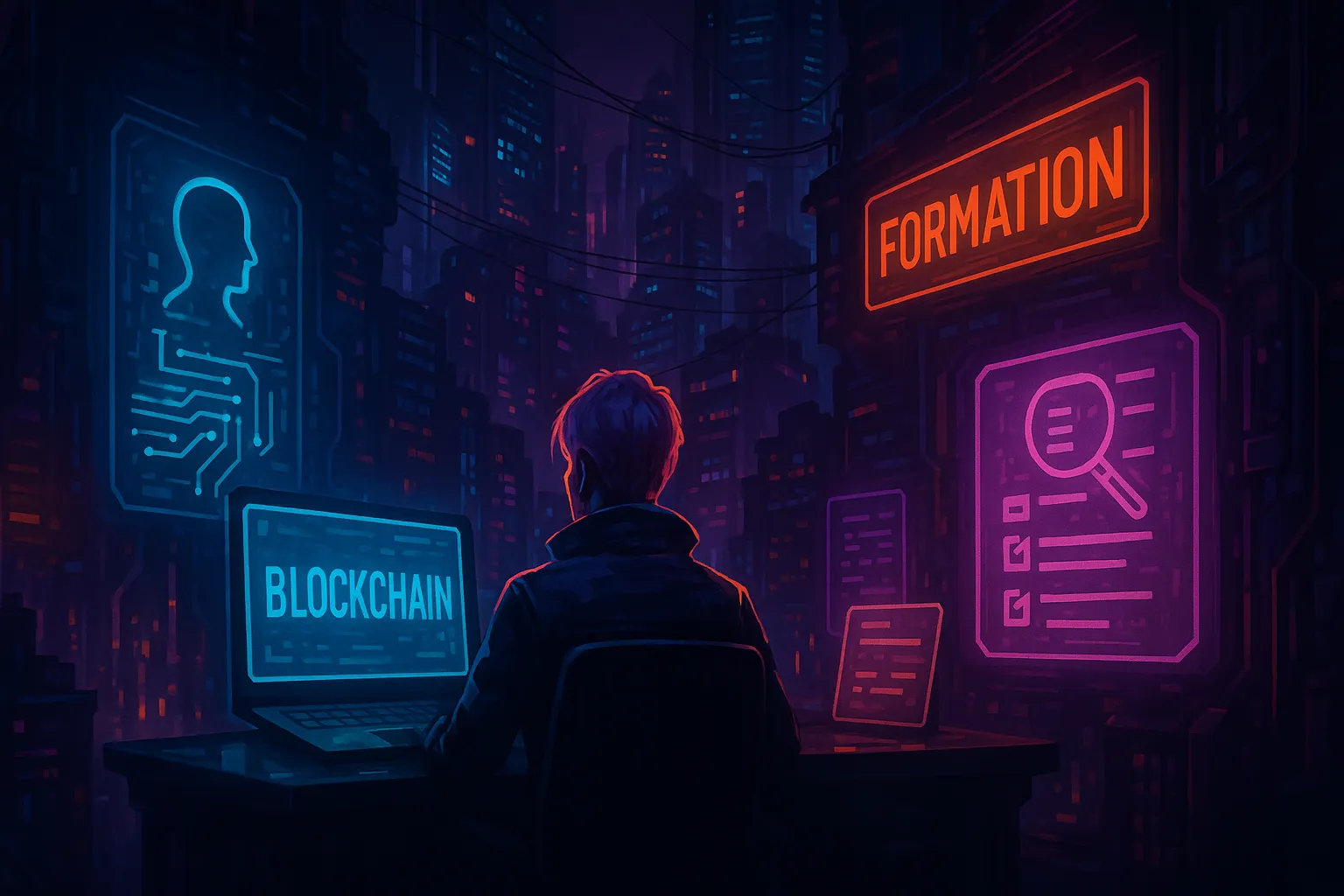 Illustration cyberpunk étudiant formation blockchain IA