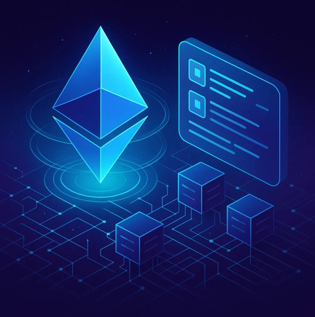 Illustration futuriste du réseau Ethereum en évolution, symbolisant ses prochaines mises à jour pour plus de rapidité et de décentralisation.
