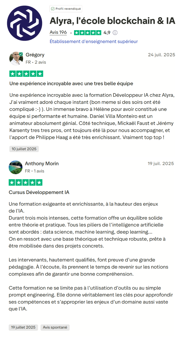 Avis Alyra formation développement IA une expérience incroyable avec la formation développeur IA chez Alyra