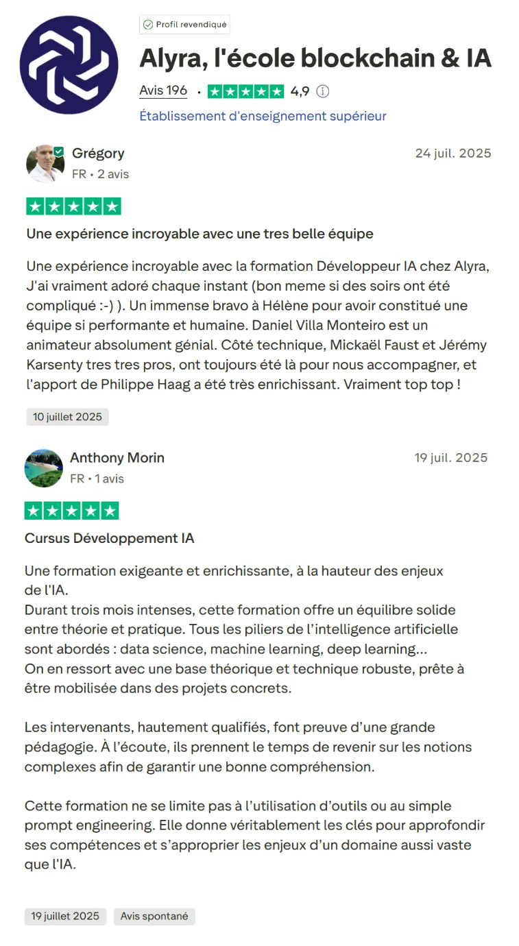Avis Alyra formation développement IA une expérience incroyable avec la formation développeur IA chez Alyra