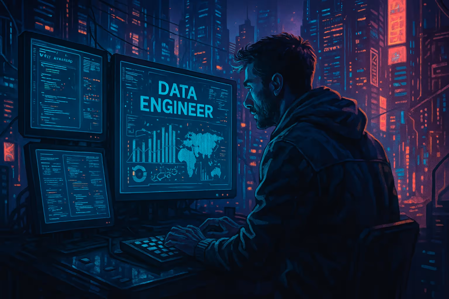 Illustration cyberpunk d’un data engineer travaillant sur plusieurs écrans, analysant des données dans une ville futuriste éclairée de néons.