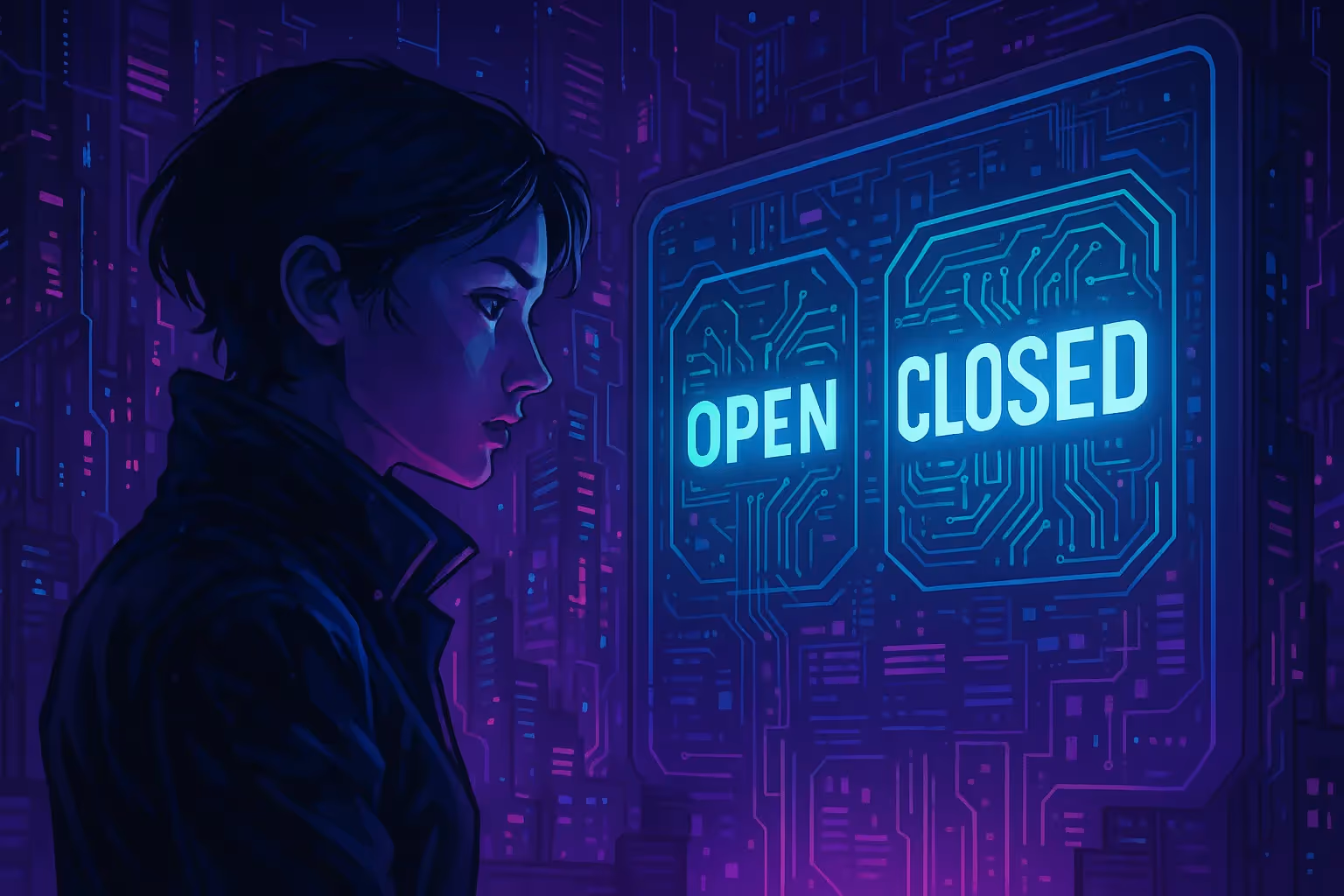Illustration cyberpunk futuriste représentant le choix entre IA open source et IA closed source, avec une ville numérique lumineuse et des codes technologiques.