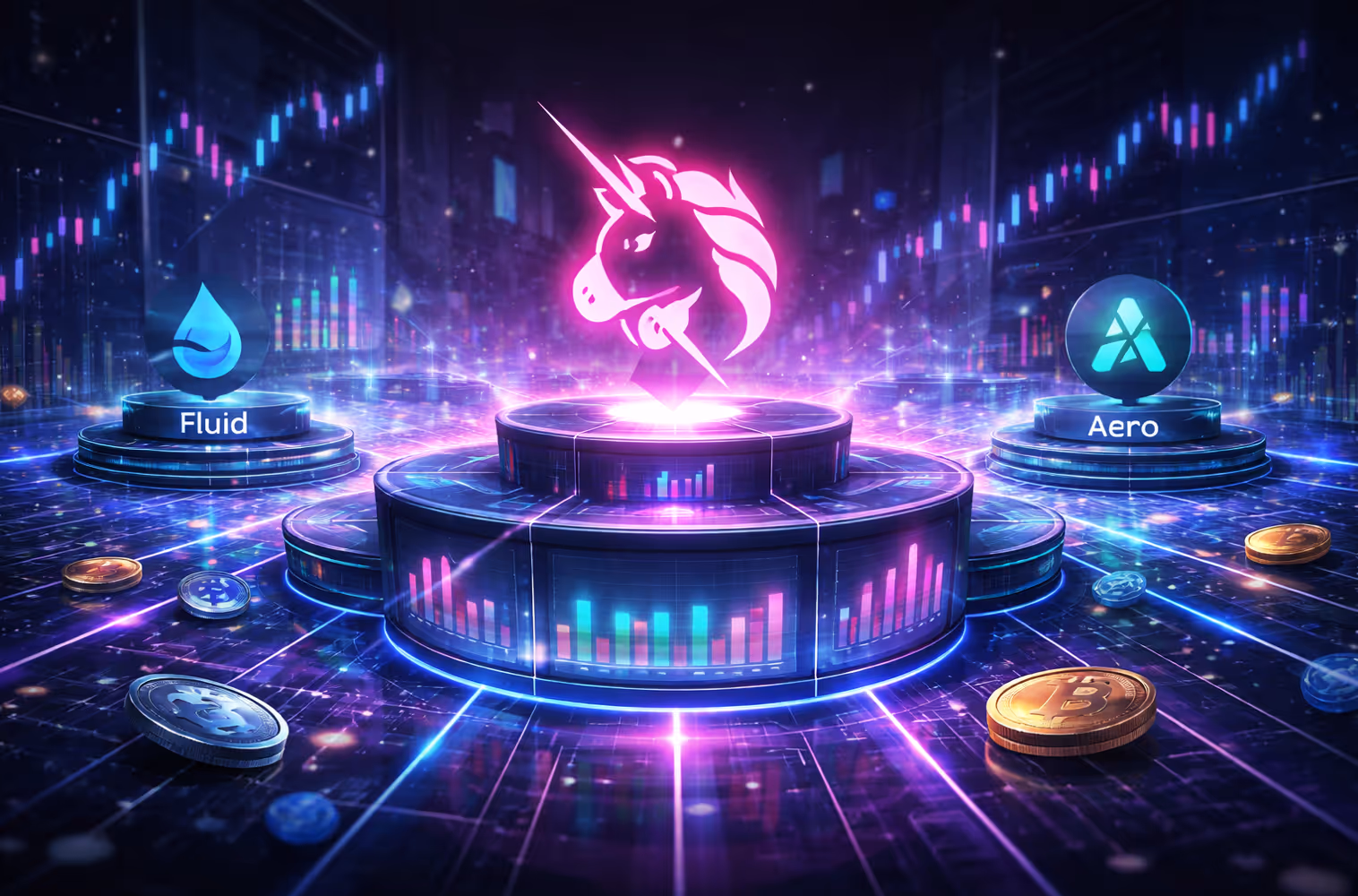 Illustration réaliste de la finance décentralisée montrant Uniswap au centre d’un écosystème d’échanges on-chain, entouré de plateformes concurrentes et de flux de liquidité sur la blockchain.