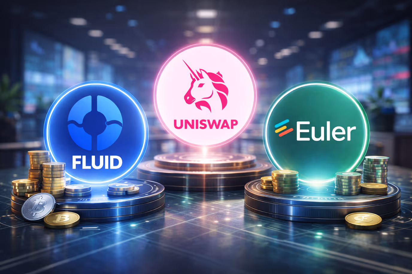 Logos Fluid, Uniswap et Euler sur des socles lumineux avec des pièces crypto, sur fond de salle de trading floutée.