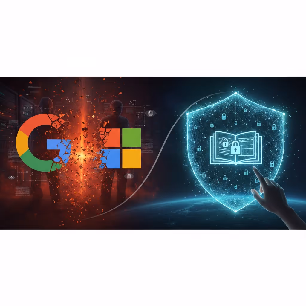 Illustration conceptuelle comparant l'insécurité des serveurs centralisés de Google et Microsoft face à la protection des données par la blockchain. À gauche, les logos des géants technologiques s'effritent sous l'effet de failles de sécurité, tandis qu'à droite, un bouclier numérique décentralisé protège des documents et tableurs, illustrant les solutions de bureautique Web3 enseignées par Alyra.