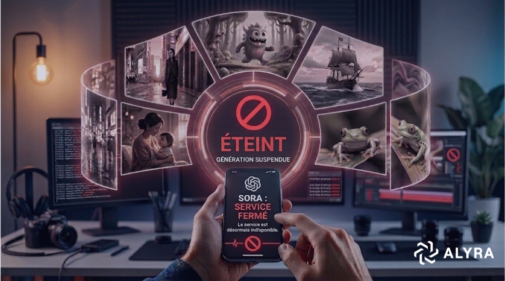 Cette image représente un téléphone et une photo indiquant que Sora, l'IA de génération d'image de openAI est fermée