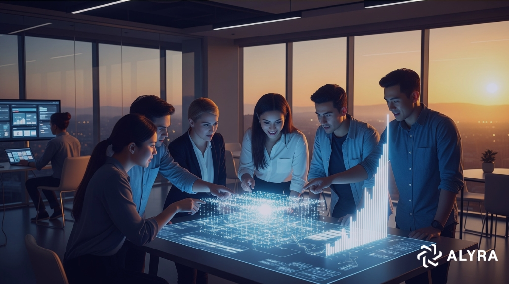 Tableau de bord numérique futuriste dans un bureau de la Silicon Valley, illustrant une courbe de croissance fulgurante (en crosse de hockey) pour les emplois liés à l'Intelligence Artificielle, en contraste avec la stagnation des postes de designers dans le marché tech de 2026.