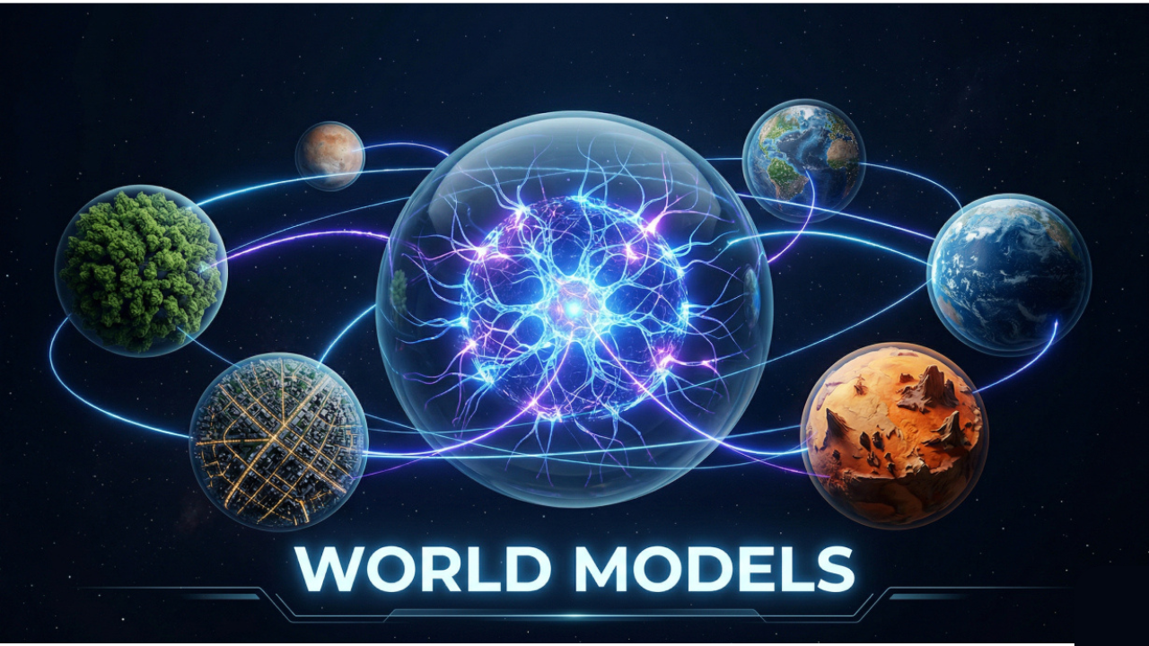 Sur un fond spatial étoilé, une grande sphère transparente abrite un réseau énergétique lumineux rappelant des connexions neuronales. Elle est entourée de cinq petites planètes aux environnements variés (forêt, ville urbaine, Terre, désert rocheux) qui lui sont reliées par des faisceaux lumineux. Au bas de cette composition aux allures de science-fiction, l'inscription "WORLD MODELS" se détache en grandes lettres bleutées.