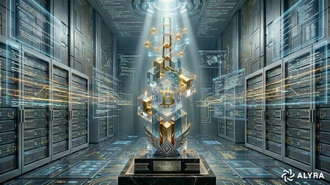 Illustration futuriste d'une salle de serveurs avec au centre un trophée numérique lumineux intégrant le logo Bitcoin. Le socle porte l'inscription 'Blocs RNCP 39717', avec le logo de l'école Alyra en bas à droite.