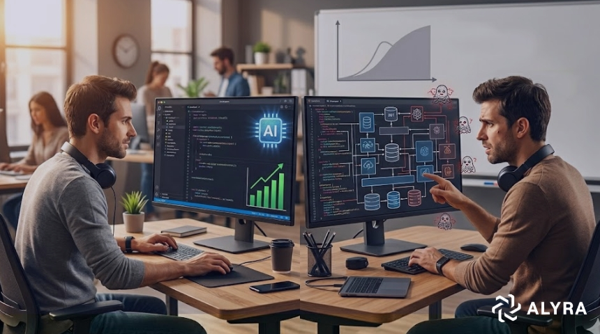 Illustration en deux parties montrant les contrastes du vibecoding. À gauche, un développeur serein travaille sur un écran affichant une icône d'Intelligence Artificielle lumineuse et une courbe de croissance verte, symbolisant le gain de productivité. À droite, un développeur perplexe pointe du doigt son écran qui affiche une architecture logicielle complexe, chaotique et parsemée de bugs, illustrant la perte de compréhension et la dette technique.