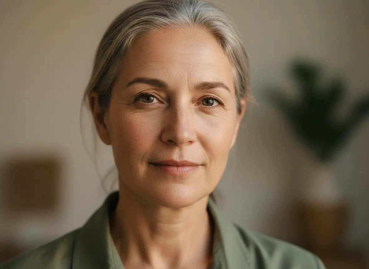 Close-up portrait of a middle-aged woman with gray hair wearing a green shirt, looking calmly at the camera.