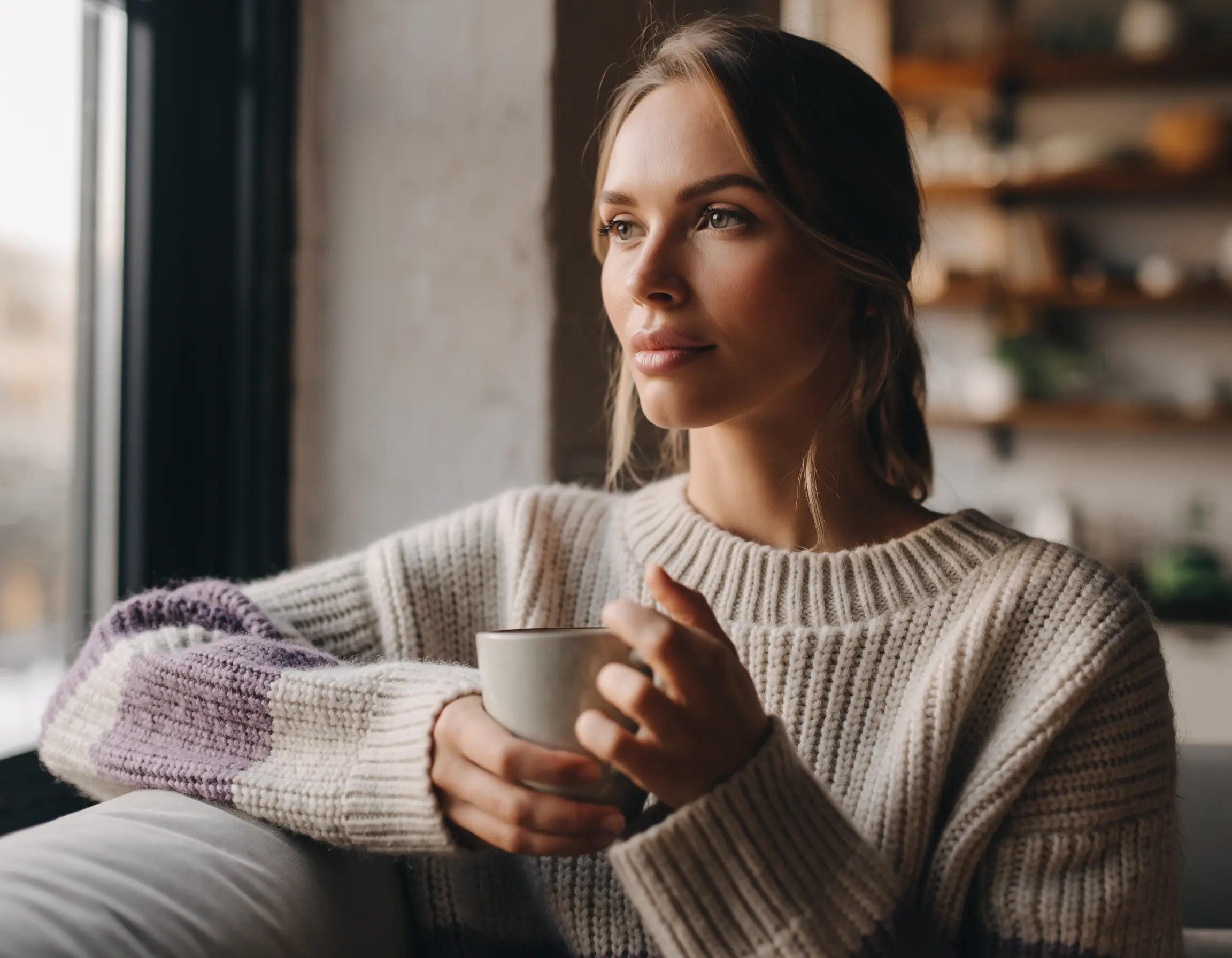 Young woman in a cozy sweater holding a mug and gazing thoughtfully out a window.