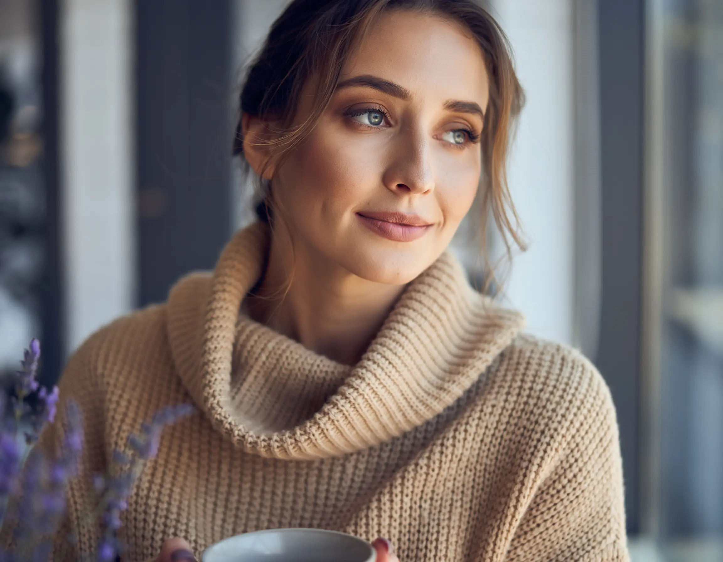 Young woman with blue eyes wearing a beige knitted sweater, holding a cup and looking thoughtfully out a window.