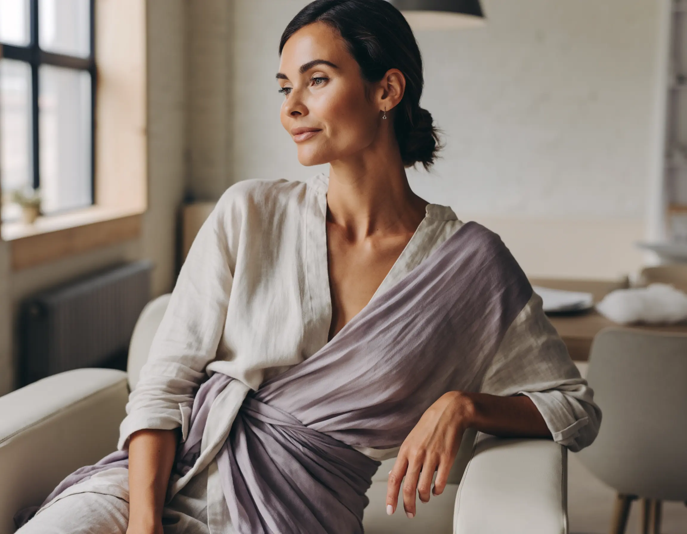Woman with dark hair tied back sits on a white sofa wearing a light linen outfit and a lavender wrap, looking thoughtfully out of a window.