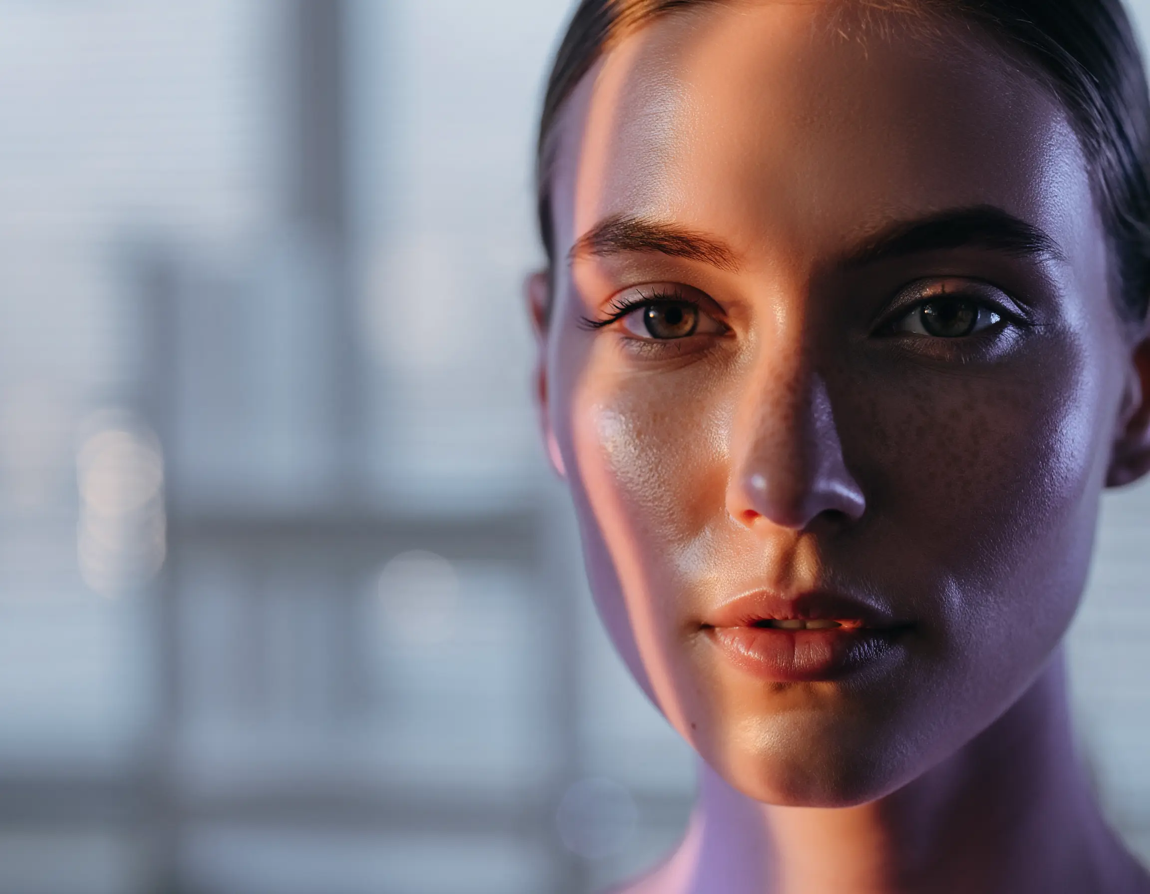 Close-up of a woman's face with soft lighting highlighting her clear skin and freckles.