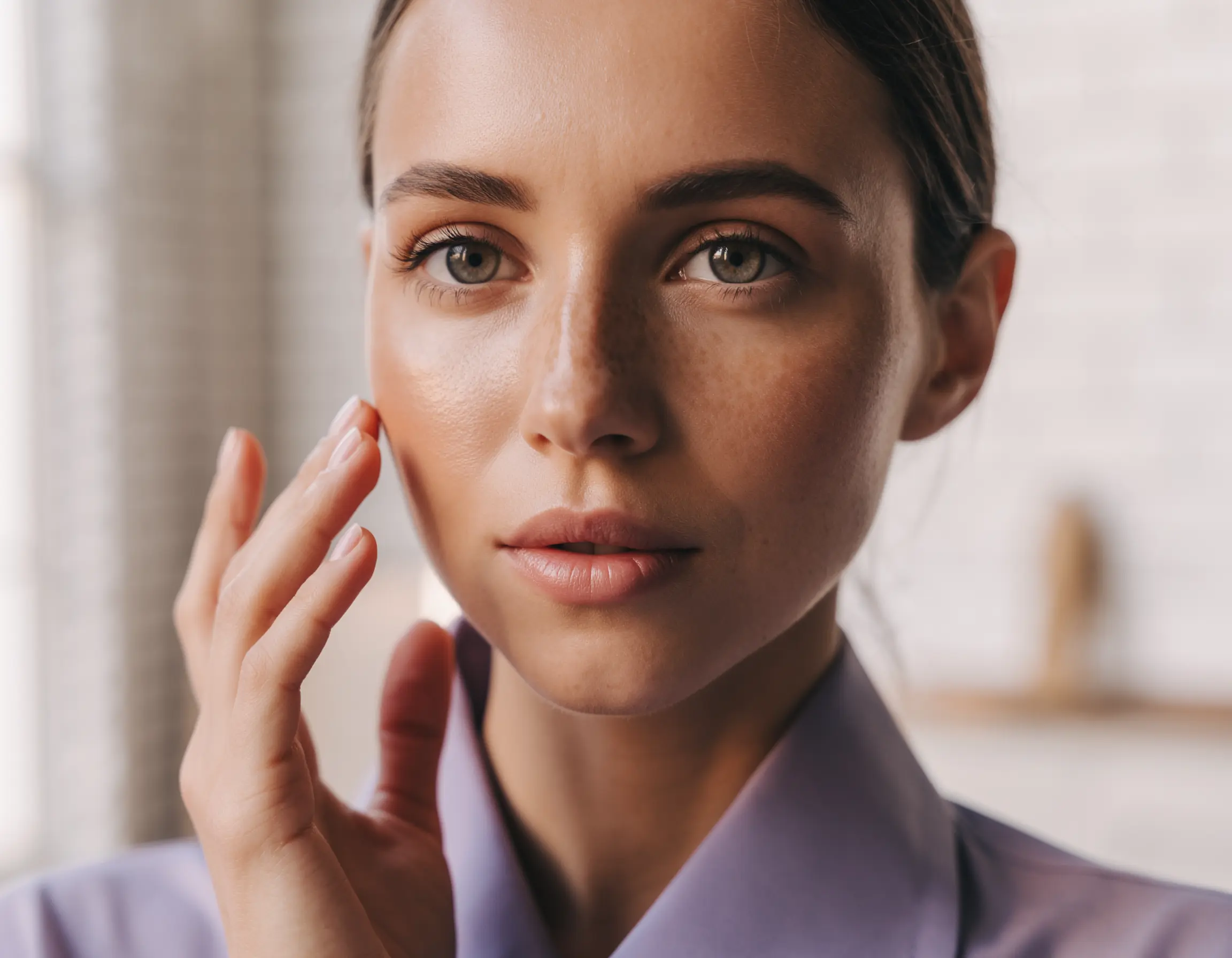 Close-up of a woman with clear skin gently touching her cheek, wearing a lavender shirt.