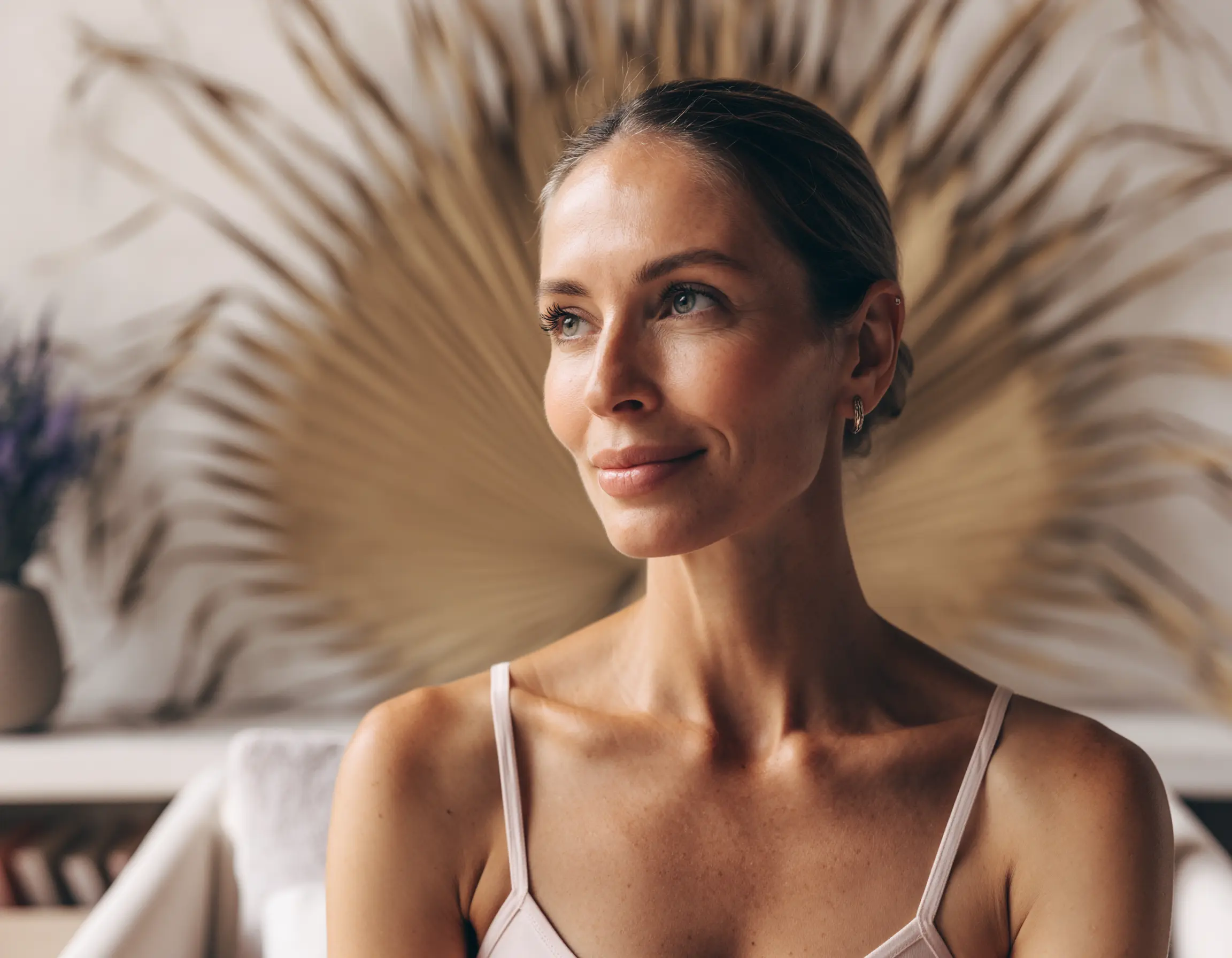 Smiling woman with blue eyes and hair pulled back, wearing a light pink tank top, with a decorative dried palm leaf in the blurred background.