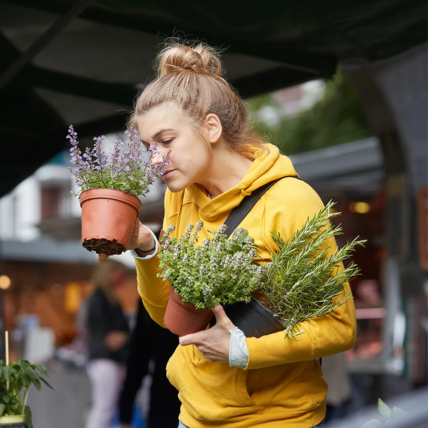 Estella hält verschiedene Pflanzen in ihren Händen und riecht an Lavendel