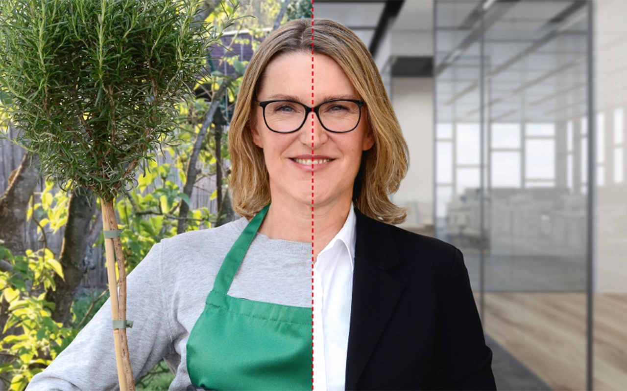 Frau, die zur Hälfte Gärtnerin und zur anderen Hälfte Geschäftsfrau ist - Beitragsbild von Lexware Tell Your Story