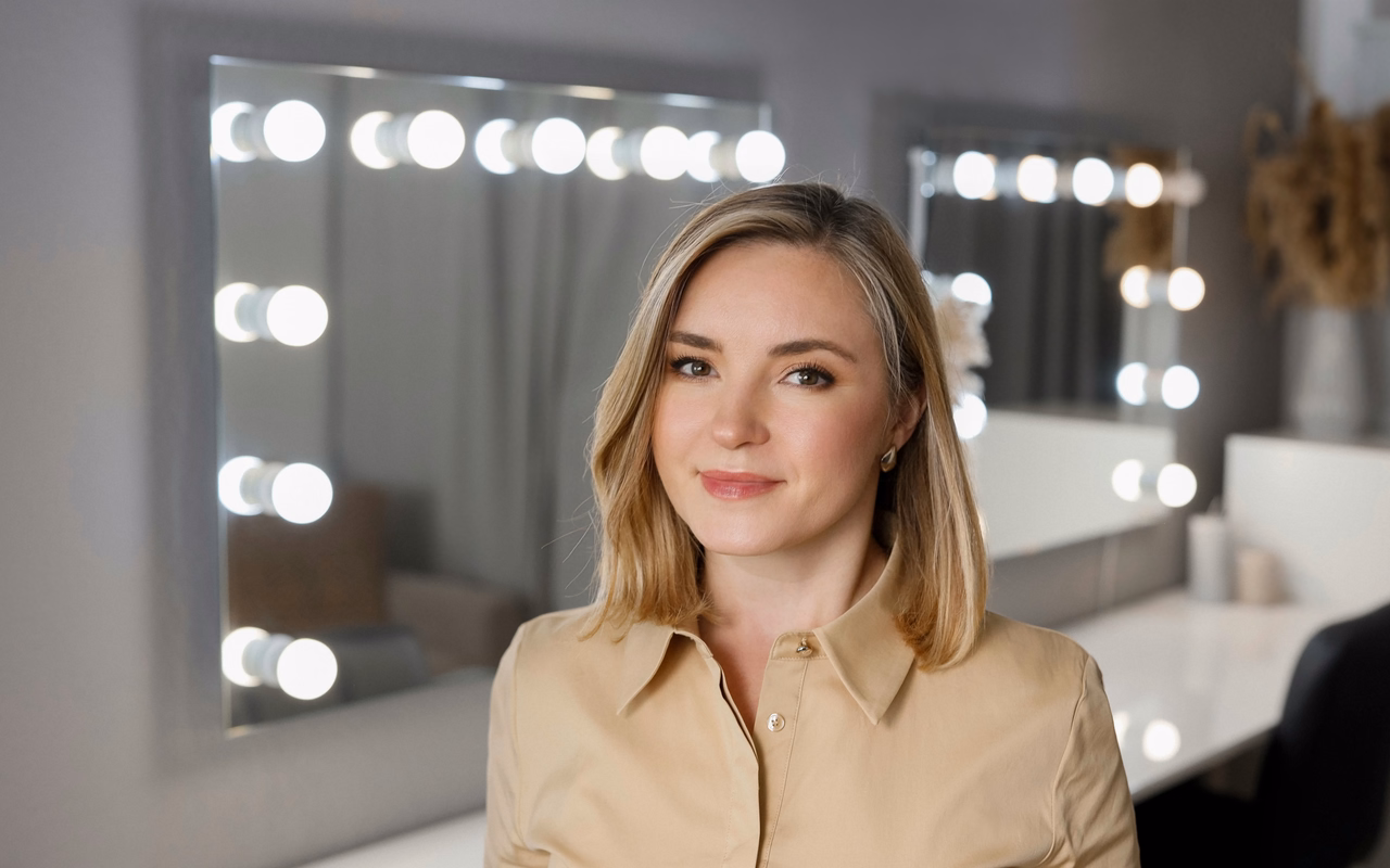 Elena Bärweg in beiger Bluse lächelt vor zwei Schminkspiegeln mit hellen Glühbirnen.