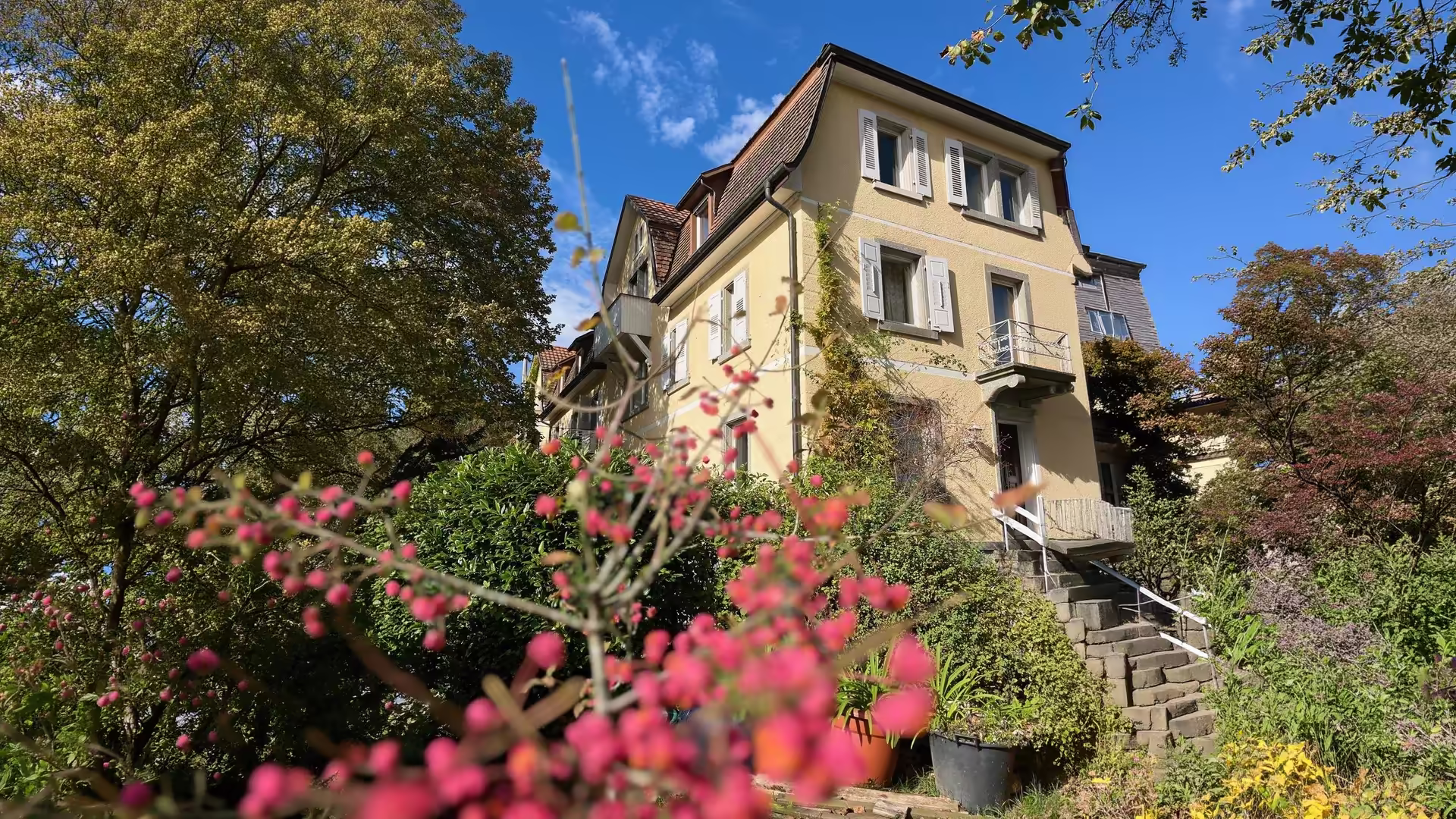 Das Hofgut LEO in Gresgen: ein gelb verputztes Haus mit weißen Fensterläden, von unten fotografiert, davor blühende Zweige und ein grüner Garten unter blauem Himmel.